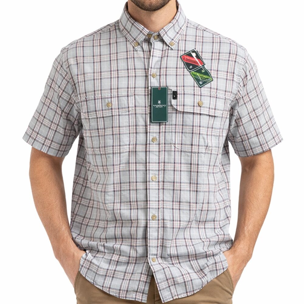 G H Bass Co Mens Small Plaid Short Sleeve Button Down UPF 40 Wicking Shirt Gray